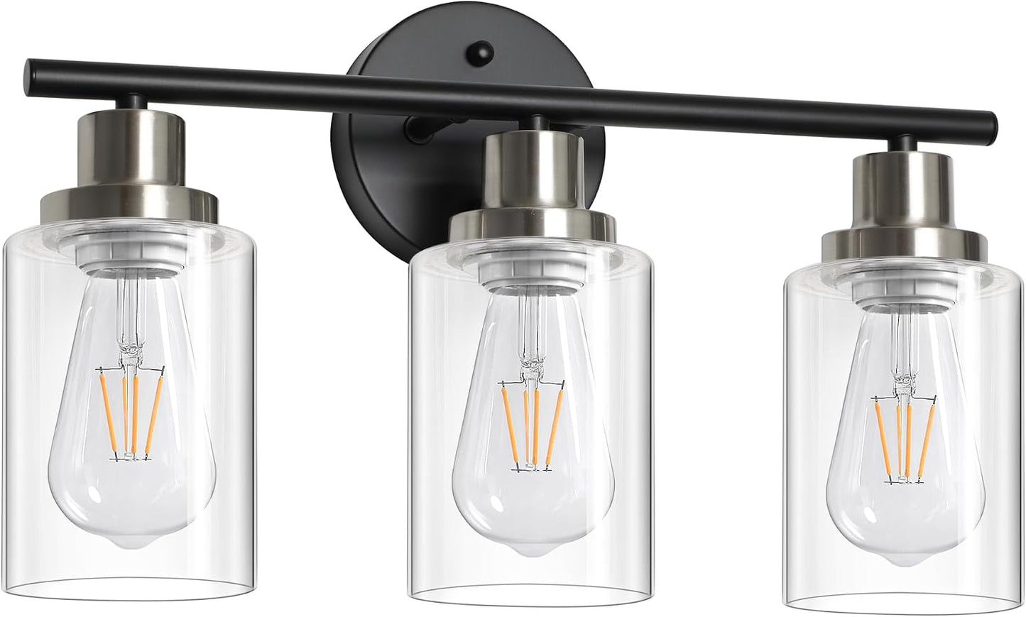 Modern Bathroom Light Fixtures, 3 Light Vanity Lights, Black and Brushed Nickel Wall Lamp with Clear Glass for Bathroom, Mirror, Living Room, Bedroom, Hallway, E26 Base