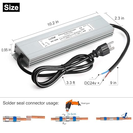 LLTOP LED Driver 150 Watts 100-264V AC to 24V DC 6.25A Power Supply Waterproof - Image 3