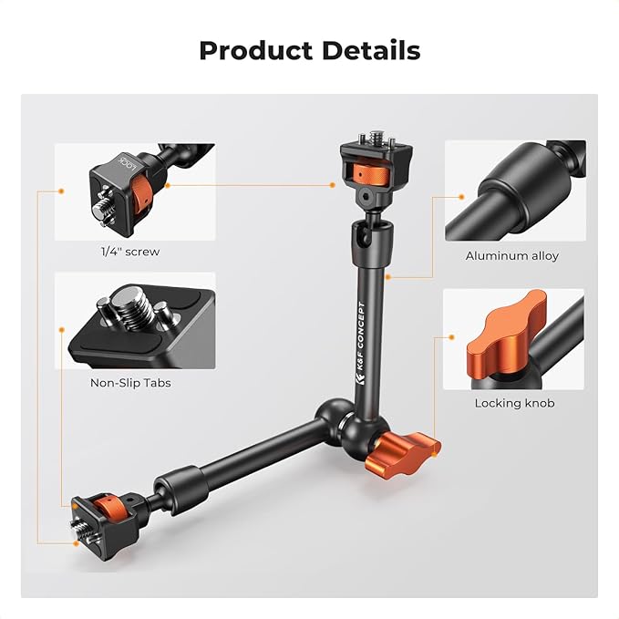 K&F CONCEPT 11" Magic Arm 1/4" Screw 360° Ball Heads Articulating Friction - Image 2