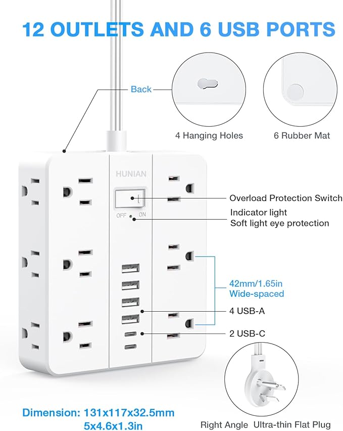 Flat Plug Surge Protector Power Strip, HUNIAN 12 Widely Spaced Outlets - Image 7