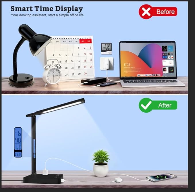 snsok Smart Desk Lamp with Dual USB Charging & 2 AC Outlets, Digital Clock - Image 6
