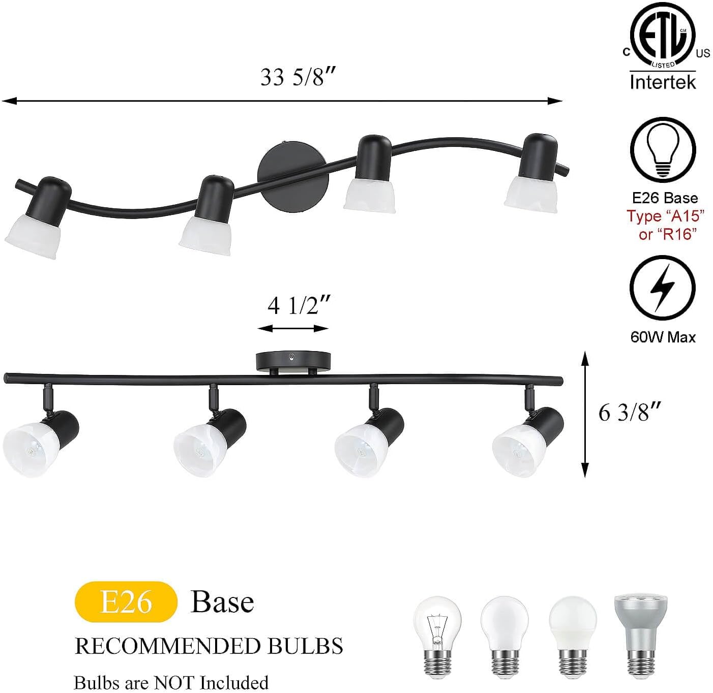 XiNBEi Lighting Black Track Lighting Kit with Glass for Bathroom, 4 Light | Curved Ceiling Spot Light, E26, S-Shaped Bar, Adjustable Head, Ceiling Light Fixture, For Kitchen Sink & Bathroom Hallway