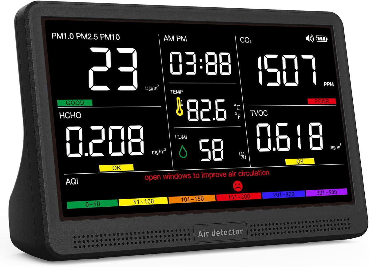 16 in 1 Air Quality Monitor Indoor 7" Display 9 AQI+7 AQI Alerts, CO2 Monitor