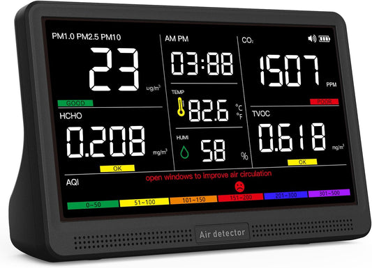 16 in 1 Air Quality Monitor Indoor 7" Display 9 AQI+7 AQI Alerts, CO2 Monitor