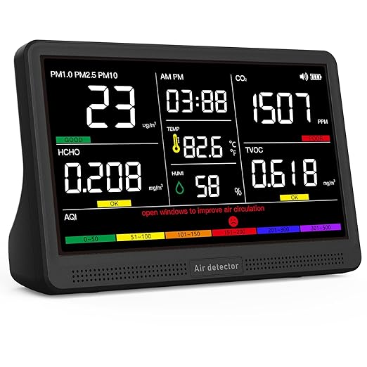 16 in 1 Air Quality Monitor Indoor 7" Display 9 AQI+7 AQI Alerts, CO2 Monitor by YNAK