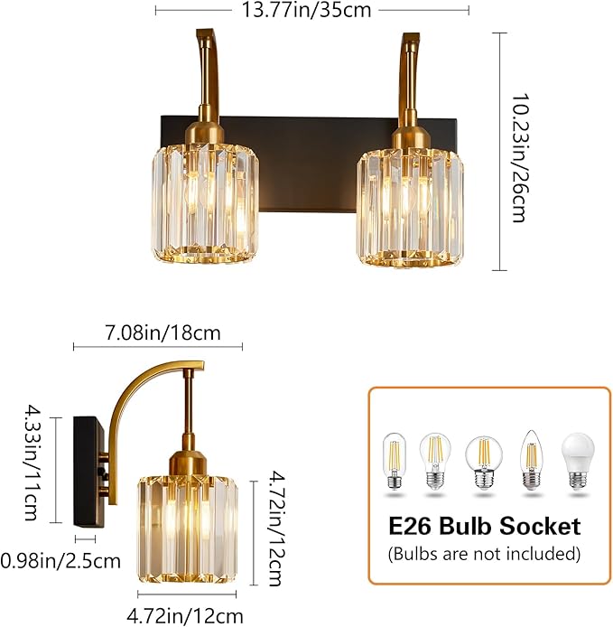 FDPBY Bathroom Crystal Vanity Lights 2-Light Black Gold Wall Lamp Modern - Image 5