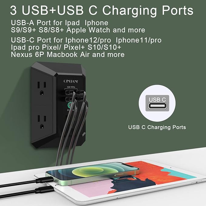 USB Wall Charger, Surge Protector, QINLIANF 5 Outlet Extender - Image 5