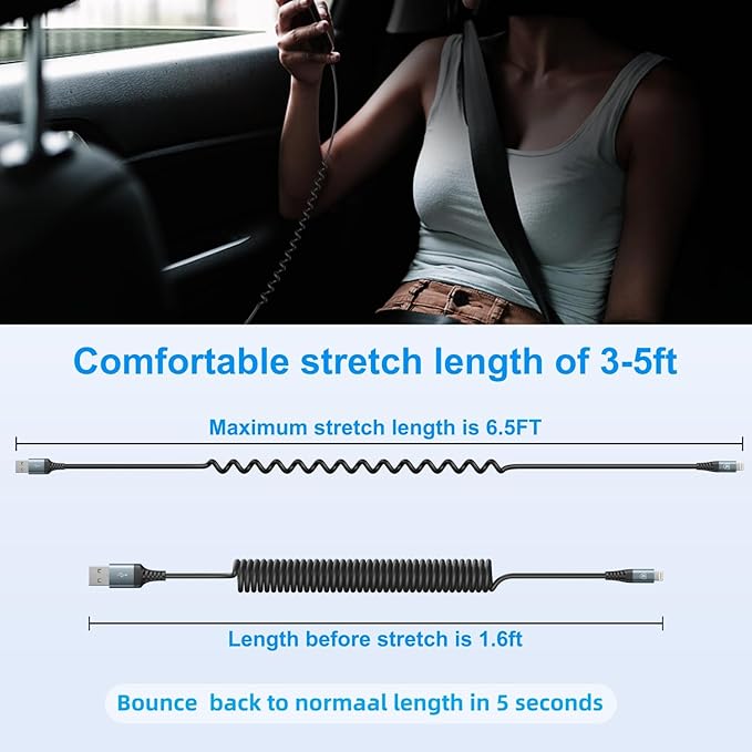 iPhone Charger Cable 6FT for Car, Coiled Lightning Cable 2 Pack 6 Feet - Image 6