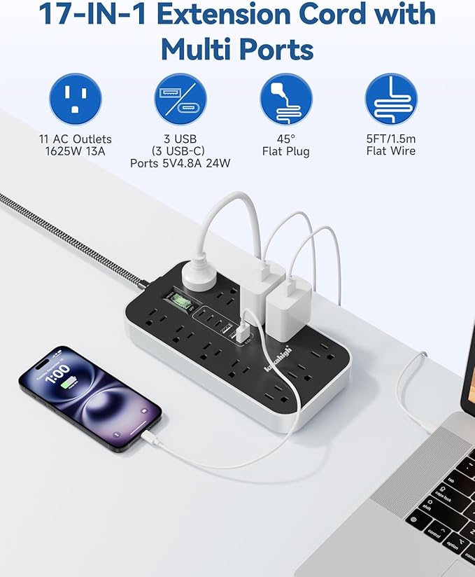 10FT Extension Cord with USB Ports- Power Strip with USB, 1625W Multi Outlet - Image 3