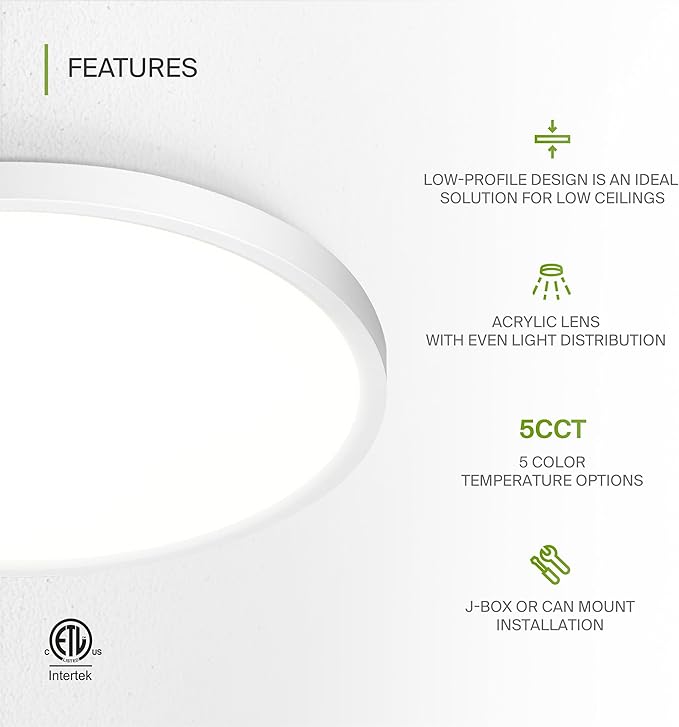 ASD LED 12" Round Flush Mount Ceiling Light Fixture, Low Profile Surface - Image 3