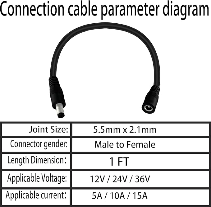 5.5mm x 2.1mm 1FT DC Power Extension Cable Male to Female 12V/24V 14AWG DC - Image 6