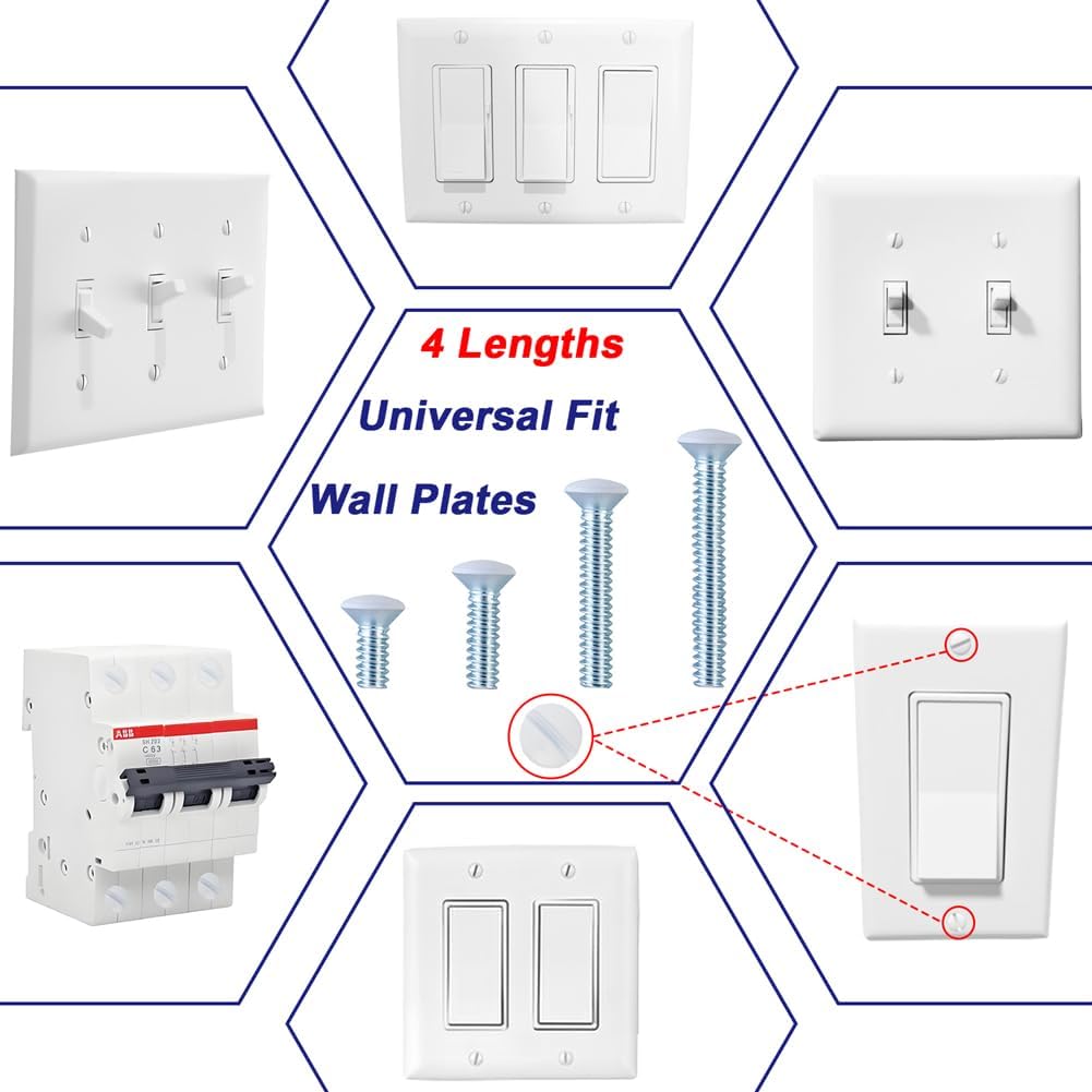 120PCS Wall Plate Screws White, Outlet Cover Screws for Switch Plate, 6/32 Electrical Outlet Screws for Light Switch Plates,Electrical Panel, 4 Sizes (3/8",1/2",3/4",1") Screws Kit w/Free Screwdriver