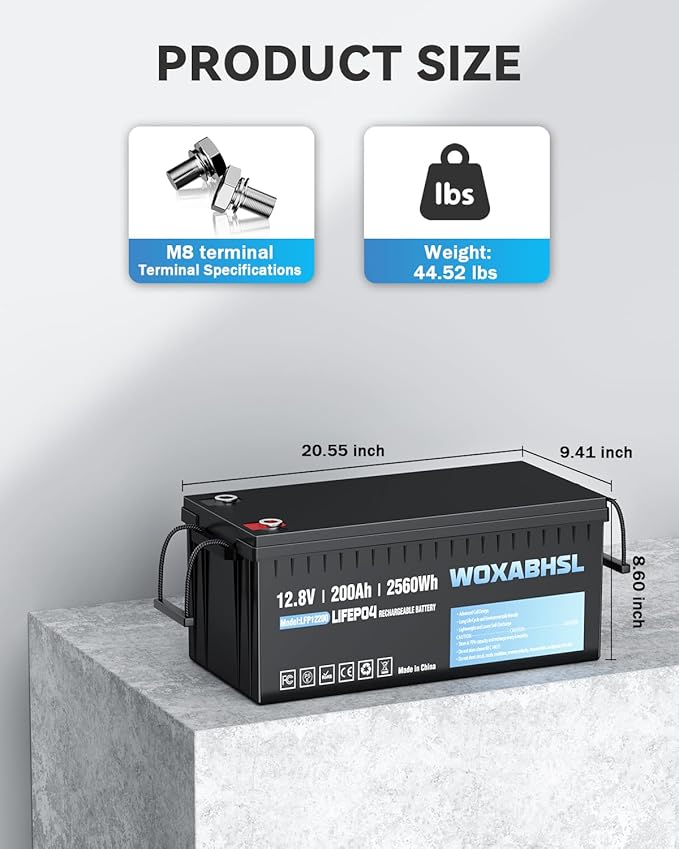 WOXABHSL 12V 200Ah Lithium LiFePO4 Battery, Built-in 200A BMS, 2560Wh Energy - Image 2