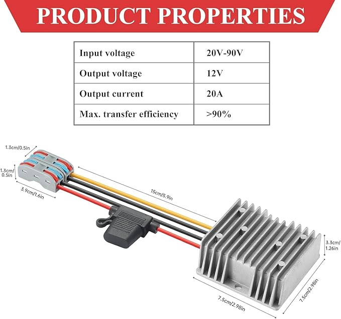 BEYIMEI 20A 240W DC Step Down Converter 20-90V to 12V, 24V 36V 48V 60V 72V 84V - Image 2