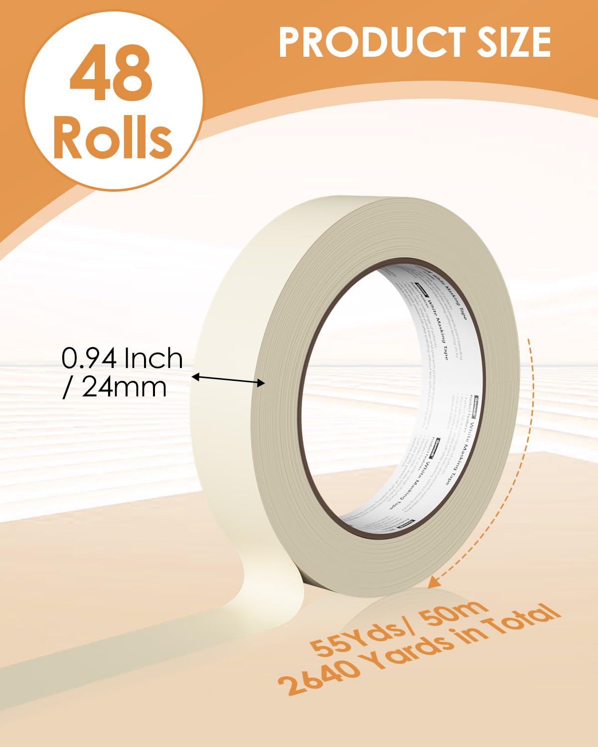 48 Rolls Masking Tape Bulk - 1 Inch Beige Tape General Purpose | UV & Heat Resistant, Removes Cleanly - 0.94 in x 55 Yd Roll, Total 2640 Yds - Crisp Lines for Art, Drafting & Crafts