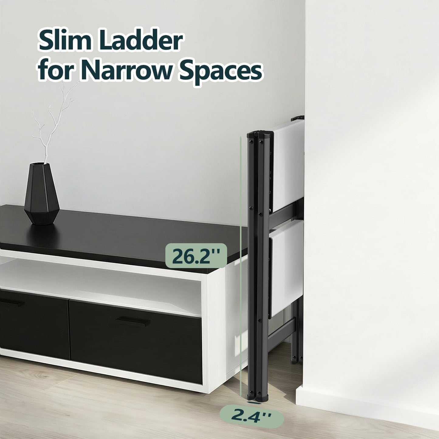 2 Step Ladder, Foldable Step Stool, 300lbs Load, Black & White | Folded 27''H x 3''T; Net 6.9 lbs; Rigid Aluminum Steps; No Assembly; For Home, Kitchen, Office, Pantry, Closets, Cabinets