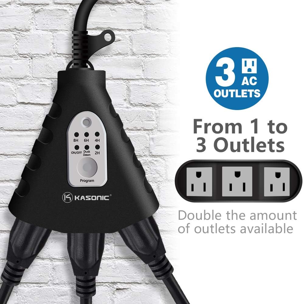 KASONIC Outdoor Light Timer, Waterproof Plug in Sensor Outlet Timer Switch | 100 ft Range Remote Control, 3 Grounded Electrical Outlets for Home Garden, ELT Listed