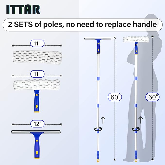 ITTAR Window Squeegee with 2 Sets Stainless Steel Pole, Squeegee Cleaning Tools - Image 2