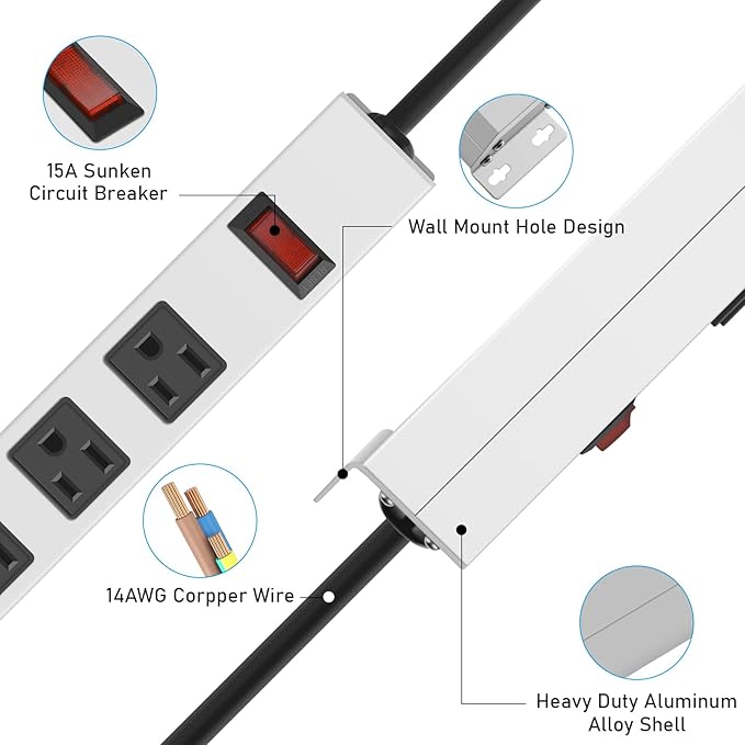 JUNNUJ Metal 16 Outlet Power Strip, Mountable Heavy Duty Power Strip, 1200J - Image 5
