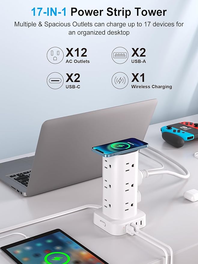 Power Strip with Wireless Charger, Flat Plug Surge Protector with 10FT - Image 2