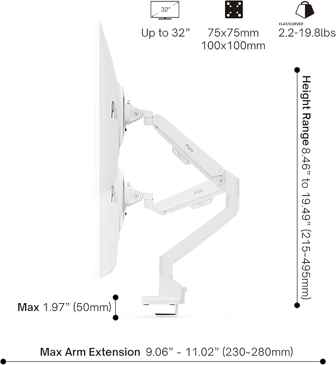 Pixio PS1S Wave White Single Monitor Arm Stand Desk Mount - Image 4