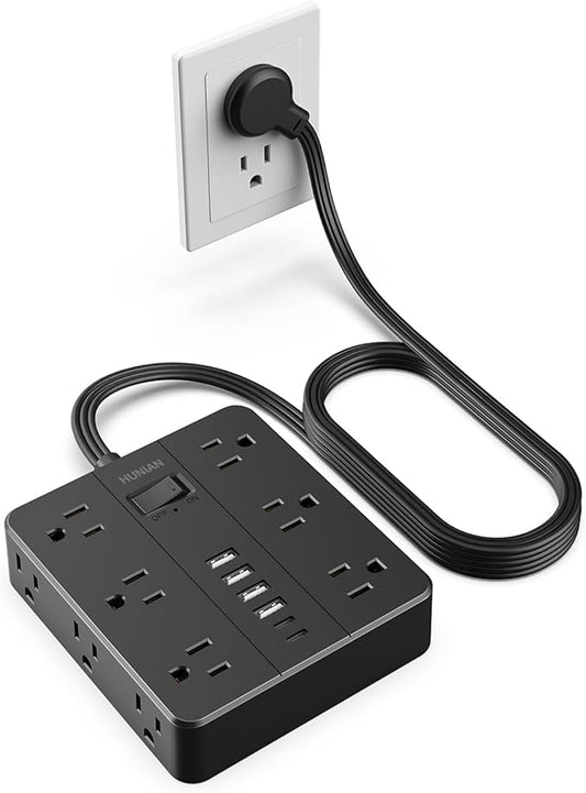 Flat Plug Surge Protector Power Strip, HUNIAN 12 Widely Spaced Outlets by HUNIAN