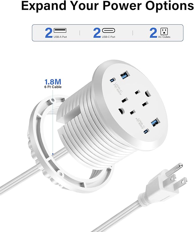 Desktop Power Grommet, 65W USB C Fast Charging, Flush Mount Recessed Power - Image 4