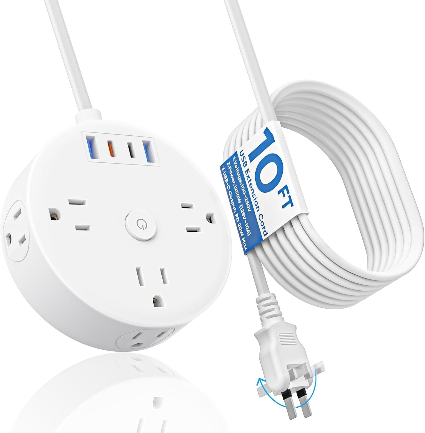 PD20W 2 Prong Power Strip, Yozisital 2 Prong to 3 Prong Outlet Adapter | 180° Rotating Plug, 10FT, 6 Outlets 4 USB (2 USB-C), Ideal for Older House