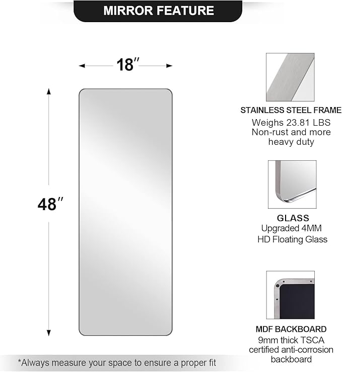 ANDY STAR 18" x 48" Full Length Wall Mirror, Large Polished Chrome Mirror - Image 4