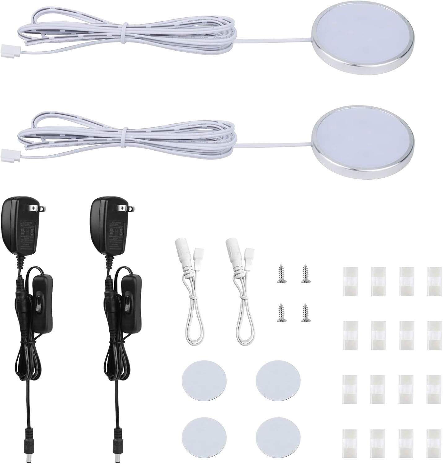 LABOREDUCER 12V Under Cabinet LED Puck Lighting Kit 2 Packs Slim Aluminum Puck Lights,Single Light Plug in Counter Light Fixture for Kitchen Cupboard Bookcase Display Shelf Lighting(Warm White, 2700K)