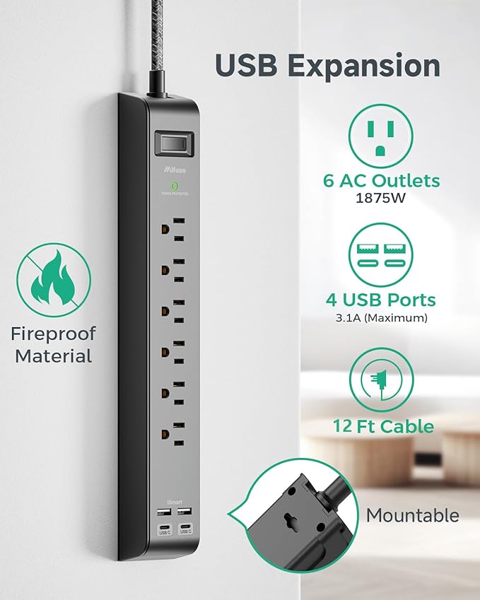 12FT Long Power Strip Surge Protector - - Image 2