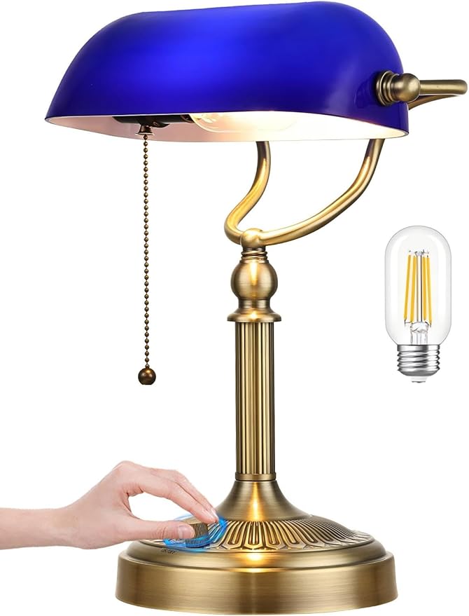 Newrays Blue Glass Bankers Desk Lamp, Stepless Dimmable Table Lamp Plug in by Newrays