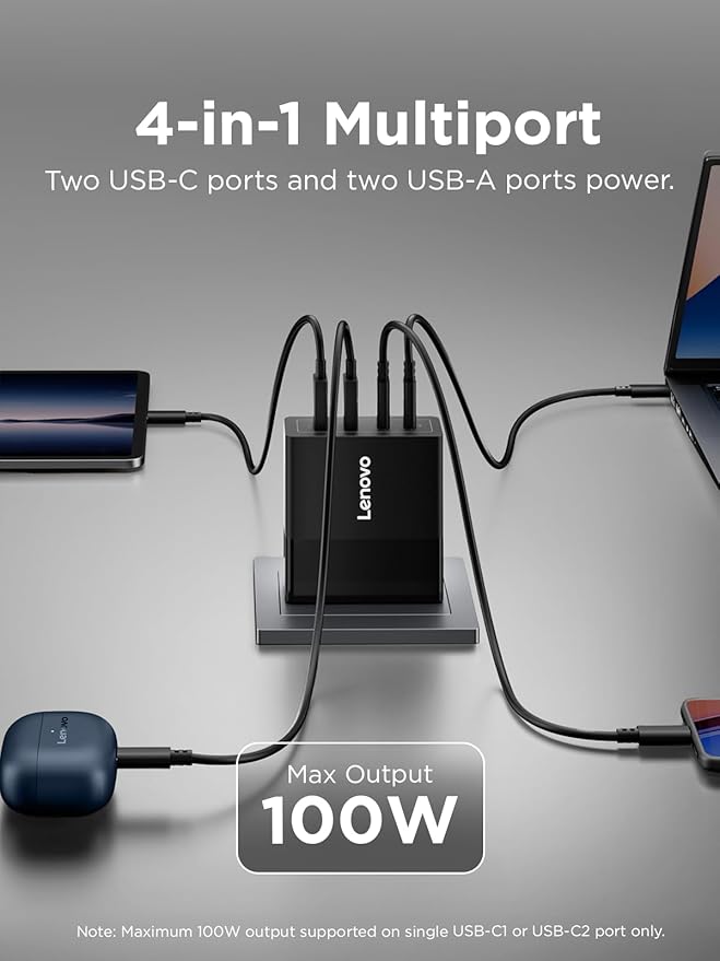 Lenovo 100W USB C Charger, 4-Port Multi-Device Fast Charging, - Image 2