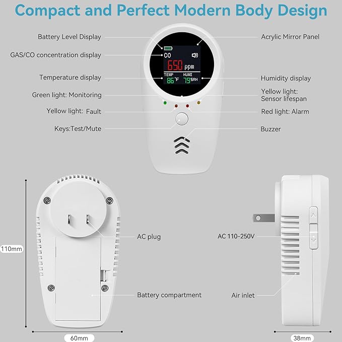 5-in-1 Carbon Monoxide Detectors, Combustible Gas Detector, Plug-in & Built-in - Image 3
