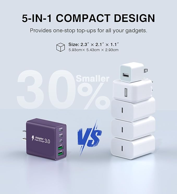 60W USB C Plug, 5-Port Fast Charger Block PD+QC Cube Wall Charging Box Brick - Image 7