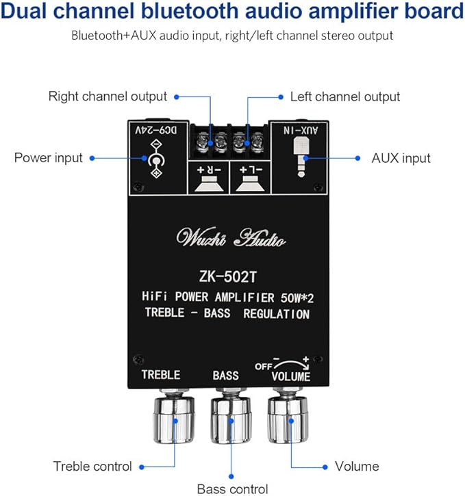ZK-502T Power Amp Bluetooth 5.0 Audio Amplifiers Board 2.0 Channel 50W+50W AUX - Image 2