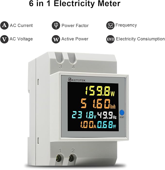 KETOTEK Single Phase Energy Meter Din Rail Electricity Usage Monitor AC 40-300V - Image 2