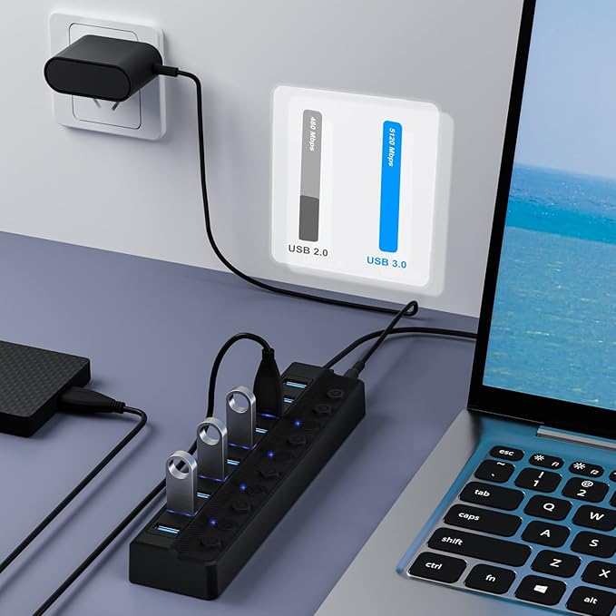 ONFINIO Powered USB Hub 3.0, 10-Port USB Splitter Hub - Image 2