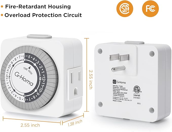G-Homa Timers for Electrical Outlets, 24 Hour Indoor Plug-in Mechanical Timer - Image 3