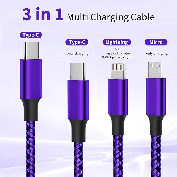 USB C Multi Charging Cable, 3 in 1 Charging Cable Nylon Braided Universal - Image 2