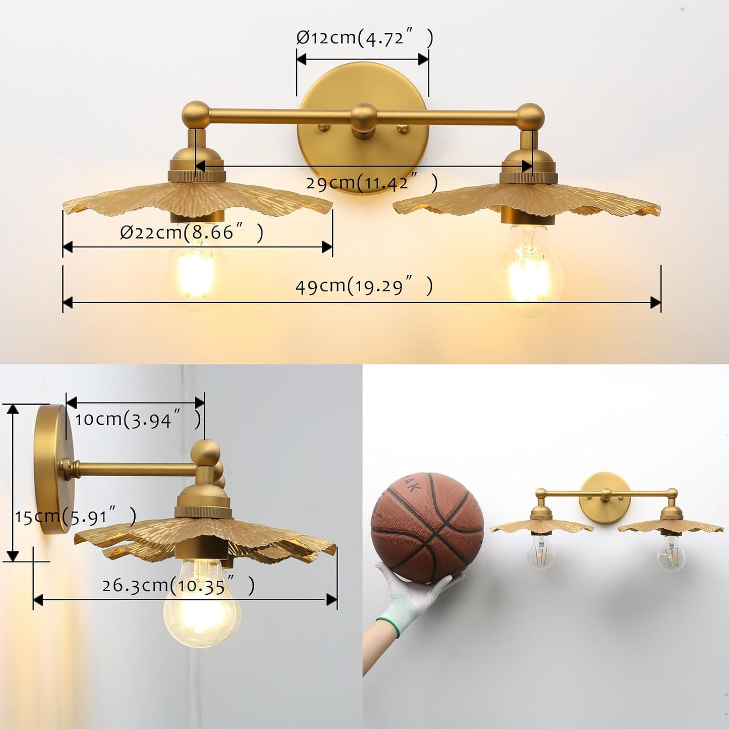 2-Head Wall Sconce Lamps Flower Design, Brass Bathroom Vanity Wall Light Above Mirror Lighting Fixture, Hardwired Metal Home Decor for Living Room Farmhouse Kitchen Lights