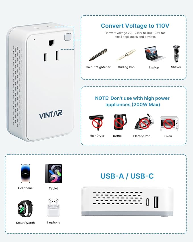 220V to 110V Converter for European Travel, VINTAR 200W Mini Universal Travel - Image 4