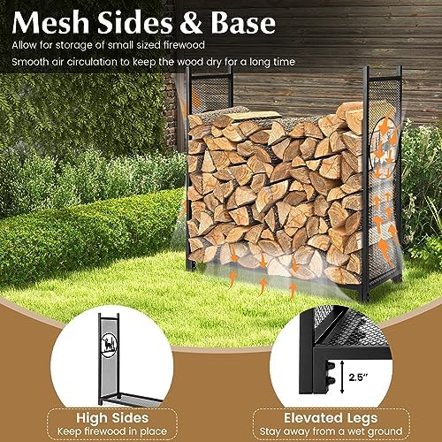 goplus firewood rack outdoor, 4 ft metal firewood shown in use