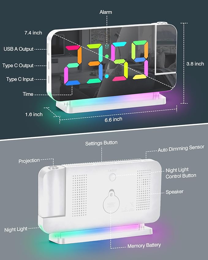 SZELAM Projection Alarm Clock, 7.4" LED Mirror Digital Clocks Large Display - Image 9