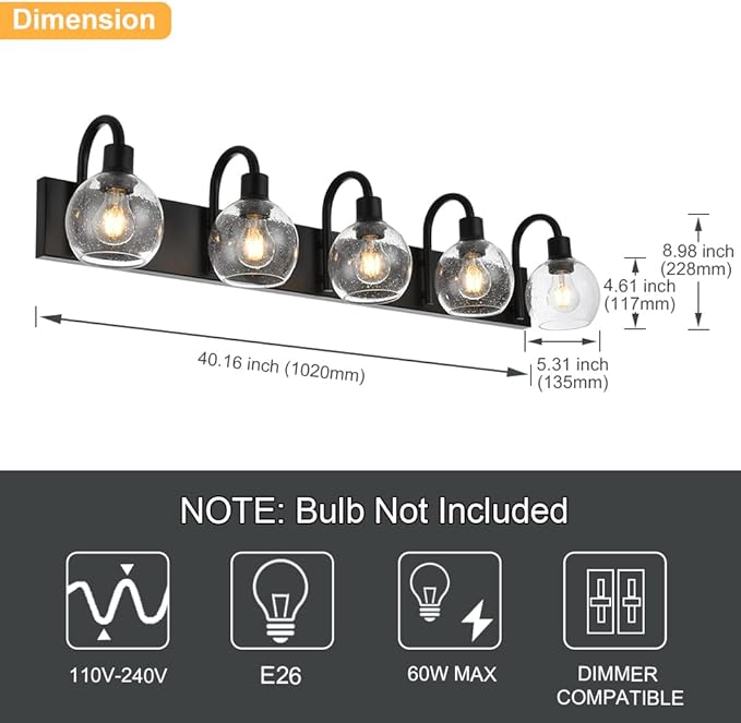 WINSHEN Bathroom Light Fixtures 5-Lights Matte Black Farmhouse Vanity Lighting - Image 4