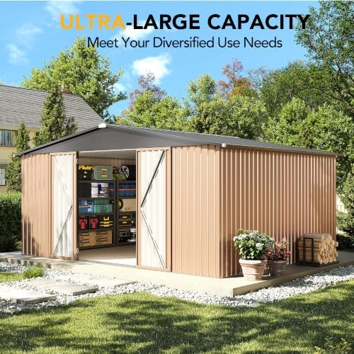 14x12ft outdoor storage shed, tool shed with sloping on a desk or shelf