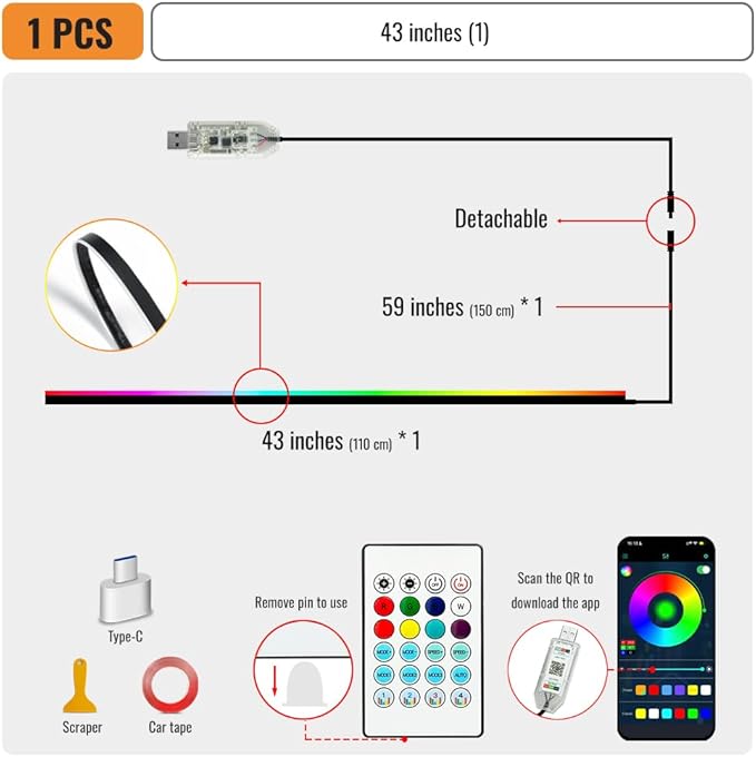 Ambient Lighting Car Led Lights Interior, 43.3’’ USB Powered Acrylic Neon - Image 3