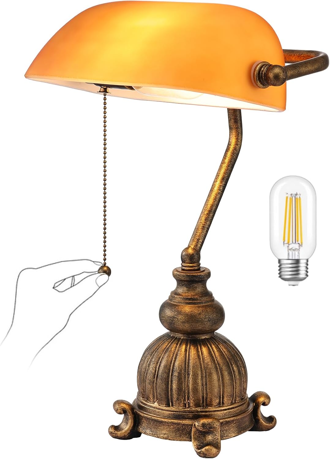 Retro Amber Glass Bankers Desk Lamp,LED Bulb Included | Pull Chain Switch for Home Office Library Plug in Fixture