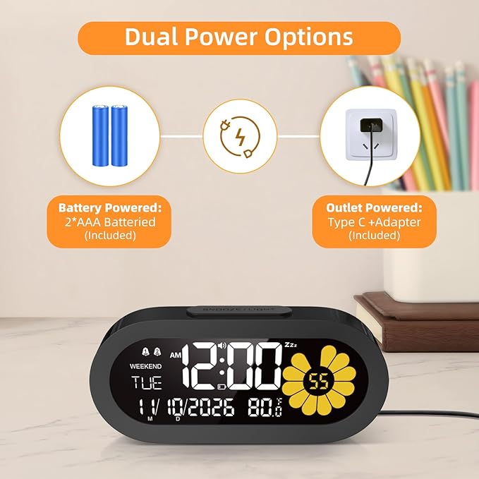 DOOMAY Digital Alarm Clock for Bedroom: Dual Alarm Bedside Clock VA LCD Display - Image 7