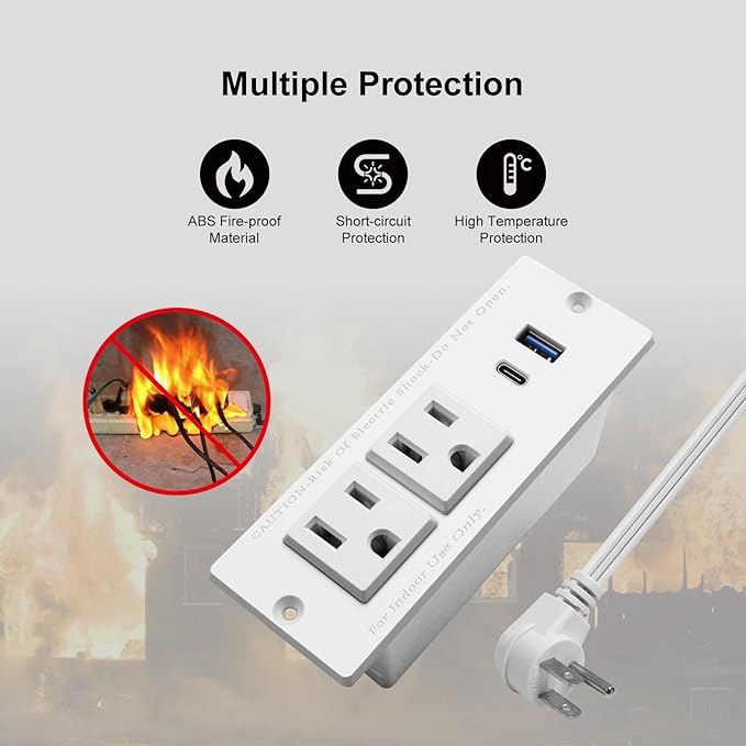 USB C Recessed Power Strip Fast Charge Desktop Power Station 2 Outlets 2 USB - Image 5